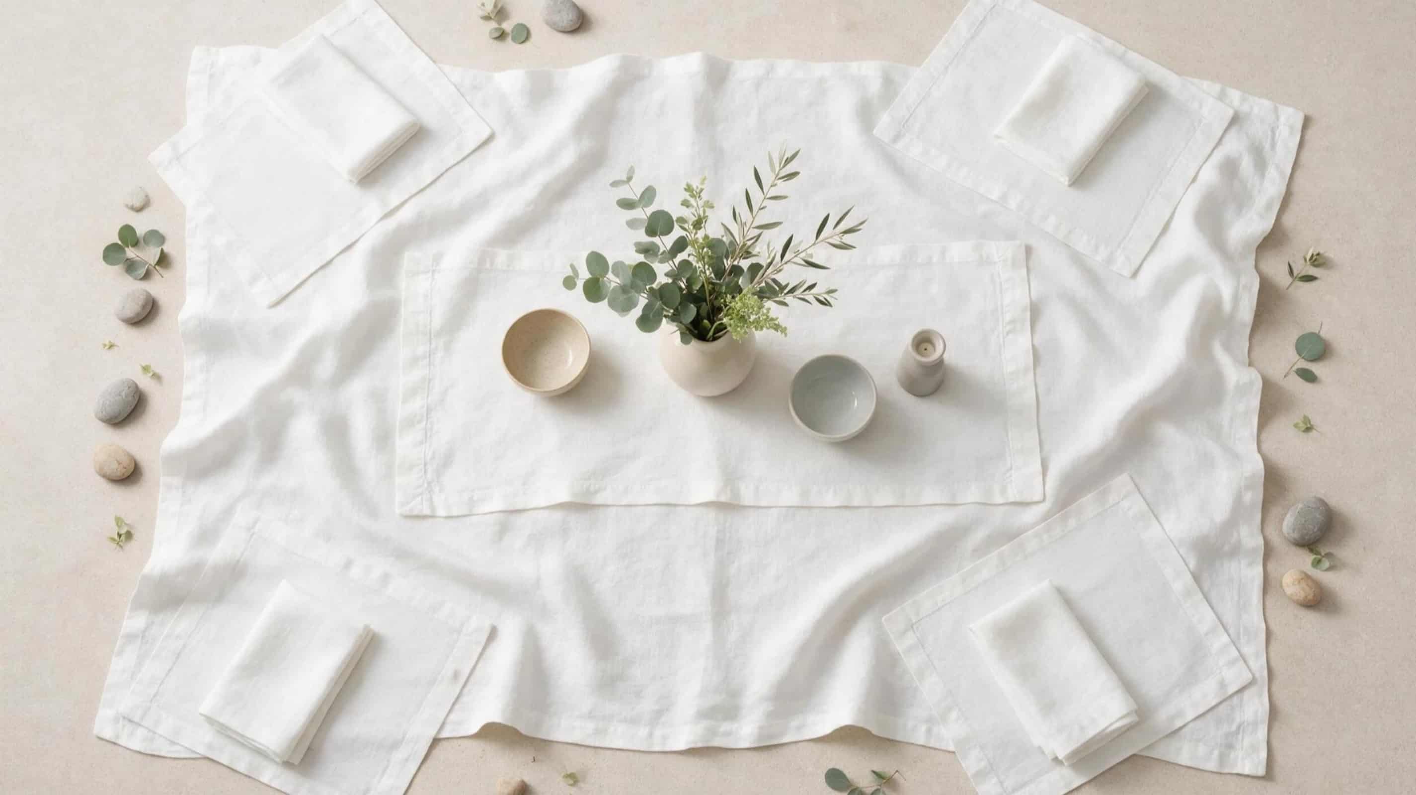 Complete European linen table linen collection including placemats, napkins, runners, tablecloths and coasters.