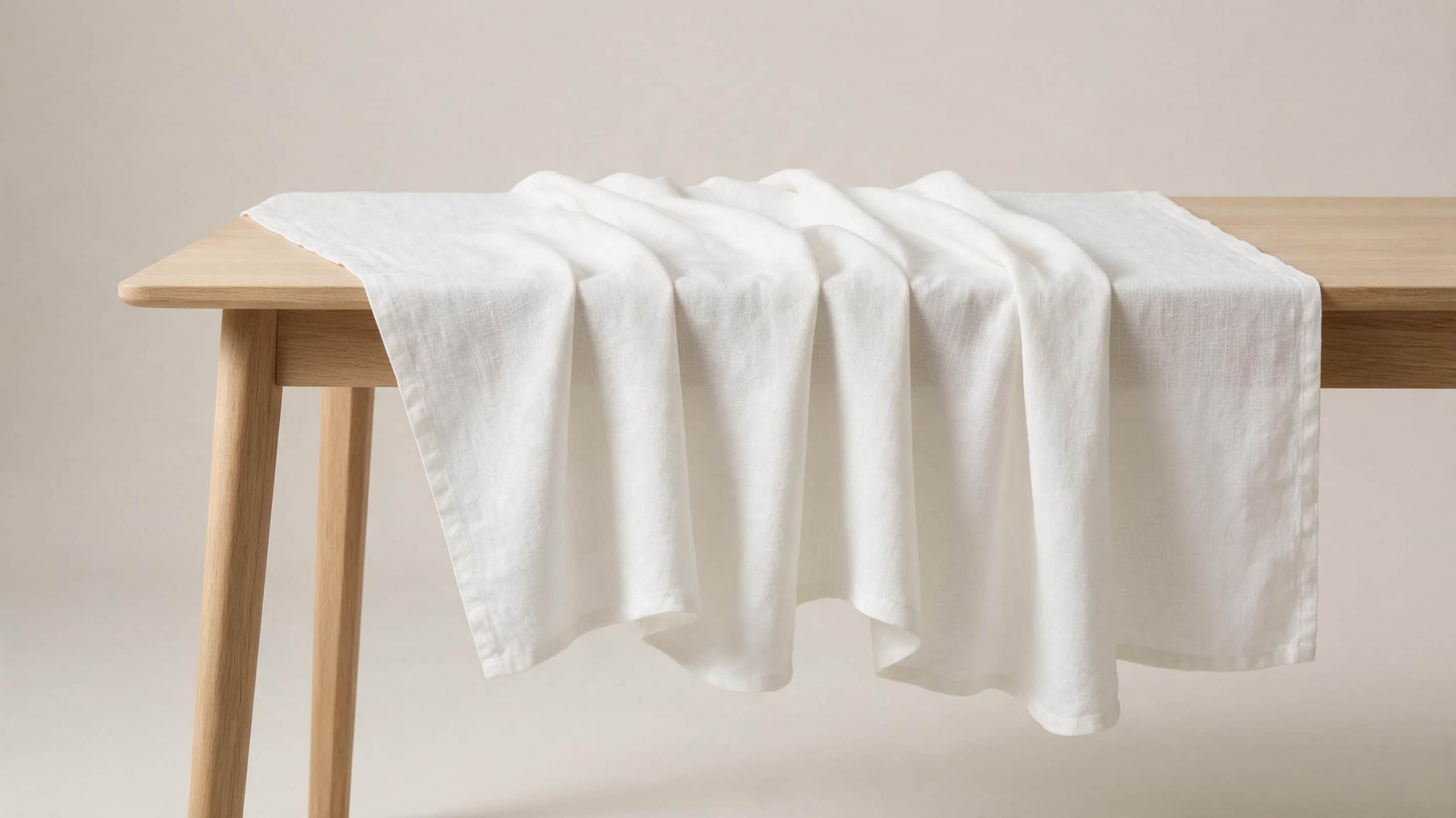 White European linen table runner showing elegant flowing drape and authentic linen texture.