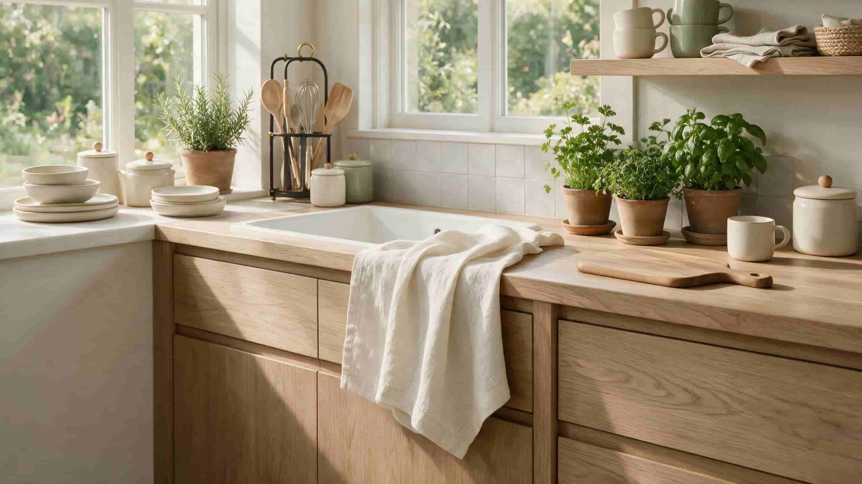 White European linen tea towel displayed in a modern minimalist kitchen with natural materials and artisan kitchenware.