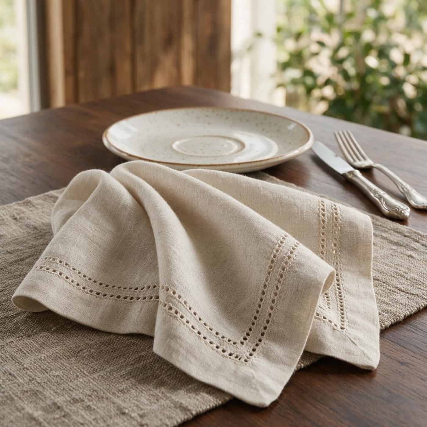 Hemstitched European linen napkin with refined decorative edge detail