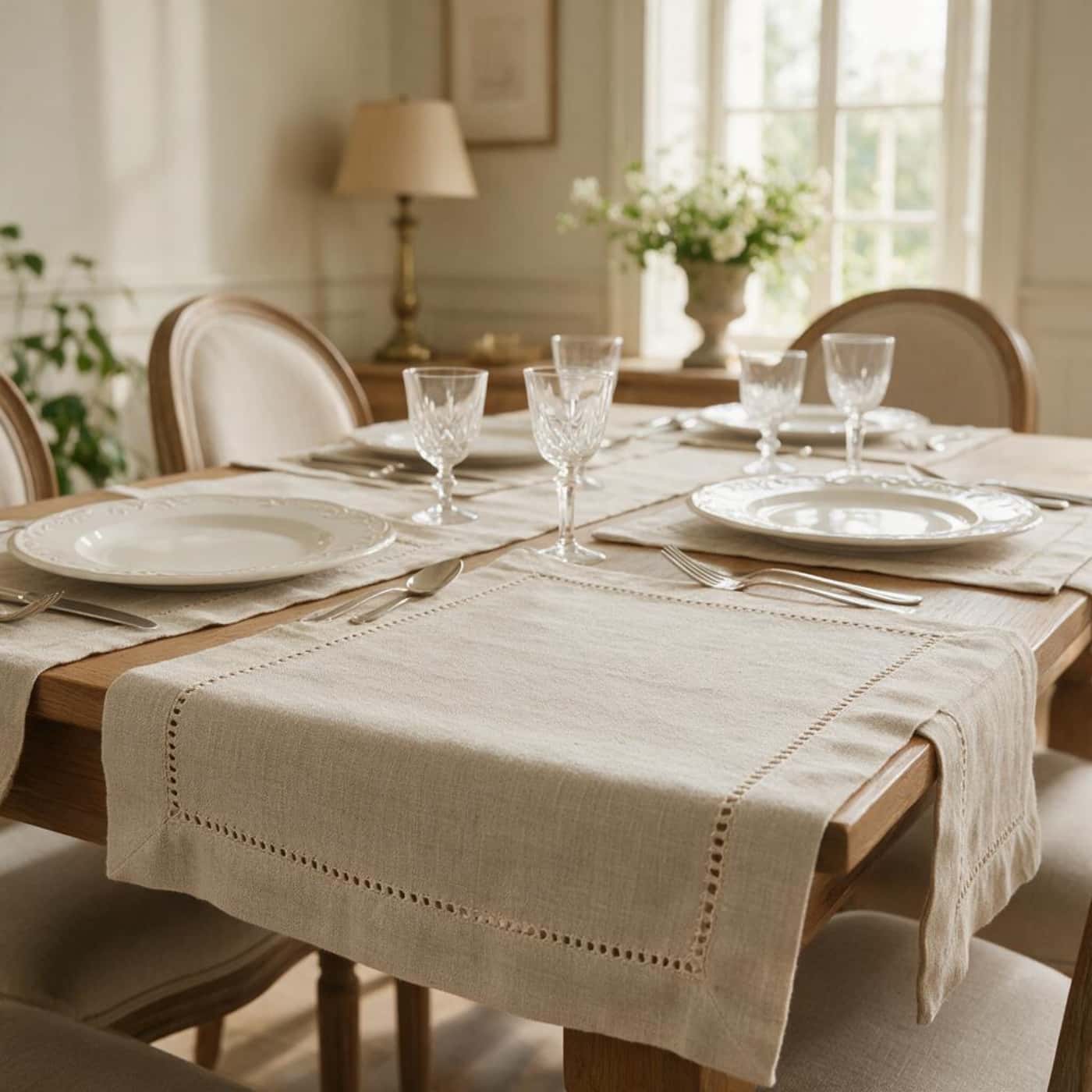 Hemstitched European linen placemats with refined stitching detail