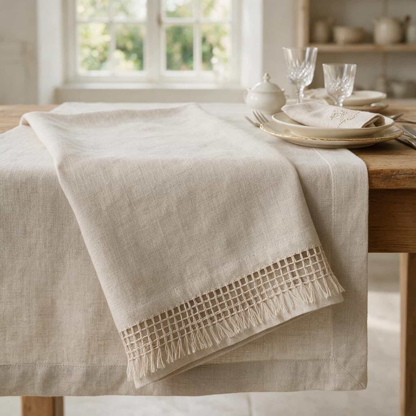 Hemstitched European linen tablecloth with refined decorative finishing detail
