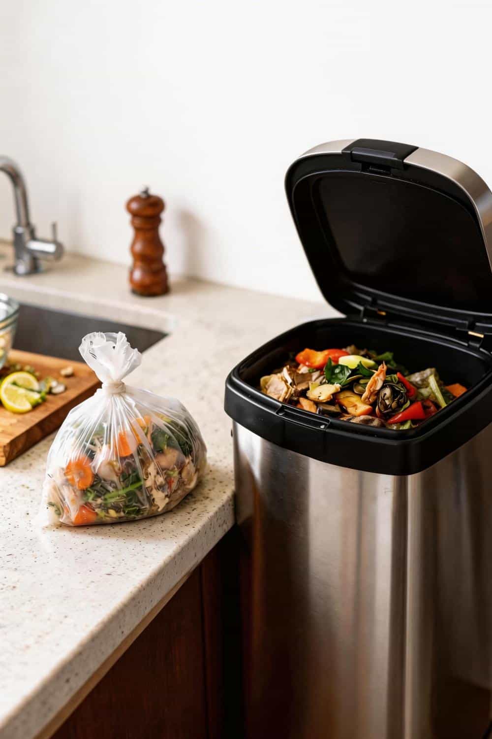 Overflowing kitchen trash bin filled with food scraps before composting, illustrating the problem Budloop solves quickly