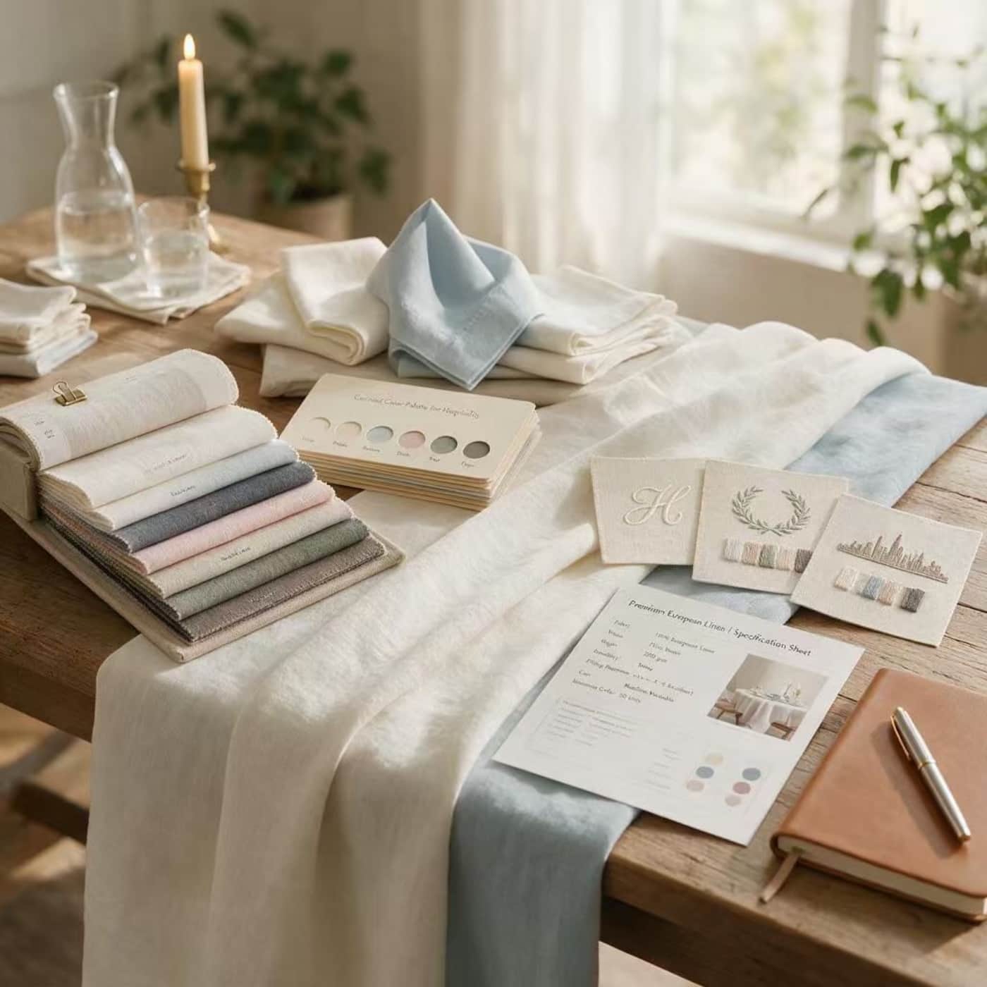 European linen samples and color swatches prepared for a hospitality project
