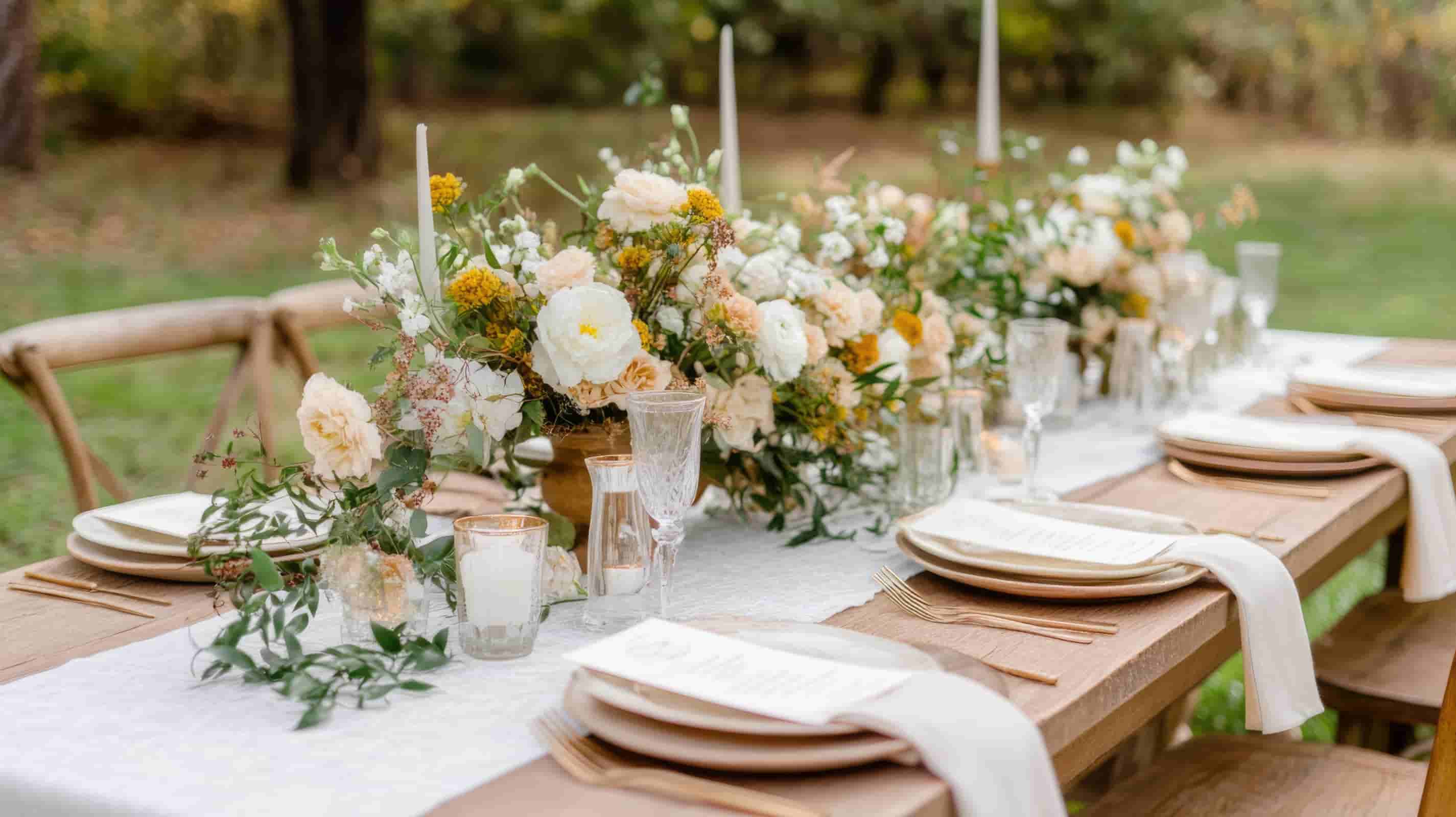 White linen table runner styled on a rustic wooden farm table with floral centerpieces for an outdoor wedding reception