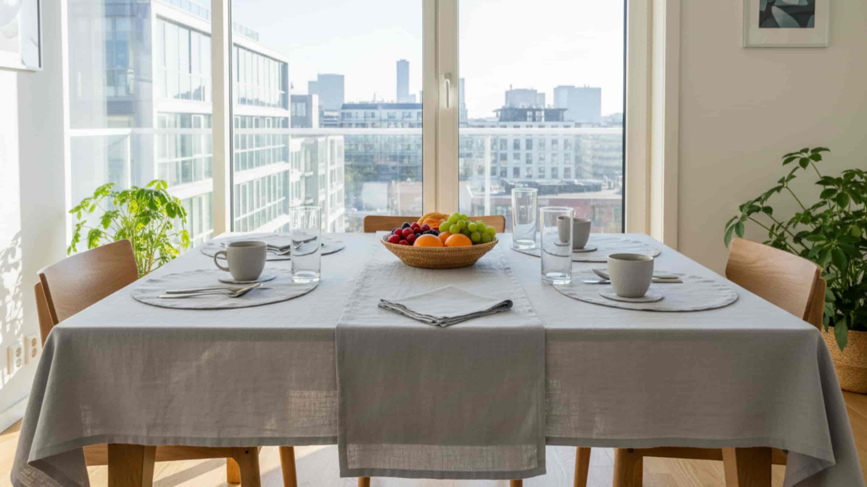 Light grey linen tablecloth with matching placemats and napkins on a modern dining table with city skyline view