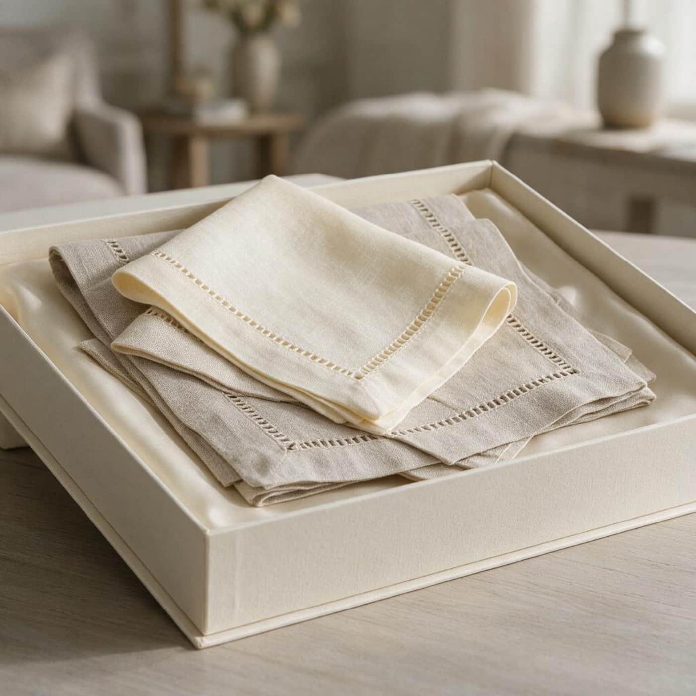 Premium hemstitched linen products prepared as luxury gifts