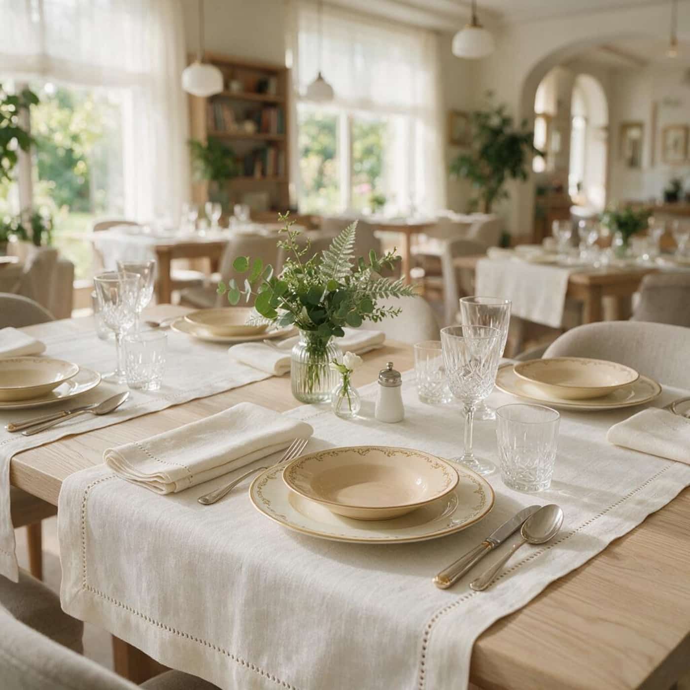 Luxury boutique hotel dining table styled with hemstitched European linen textiles