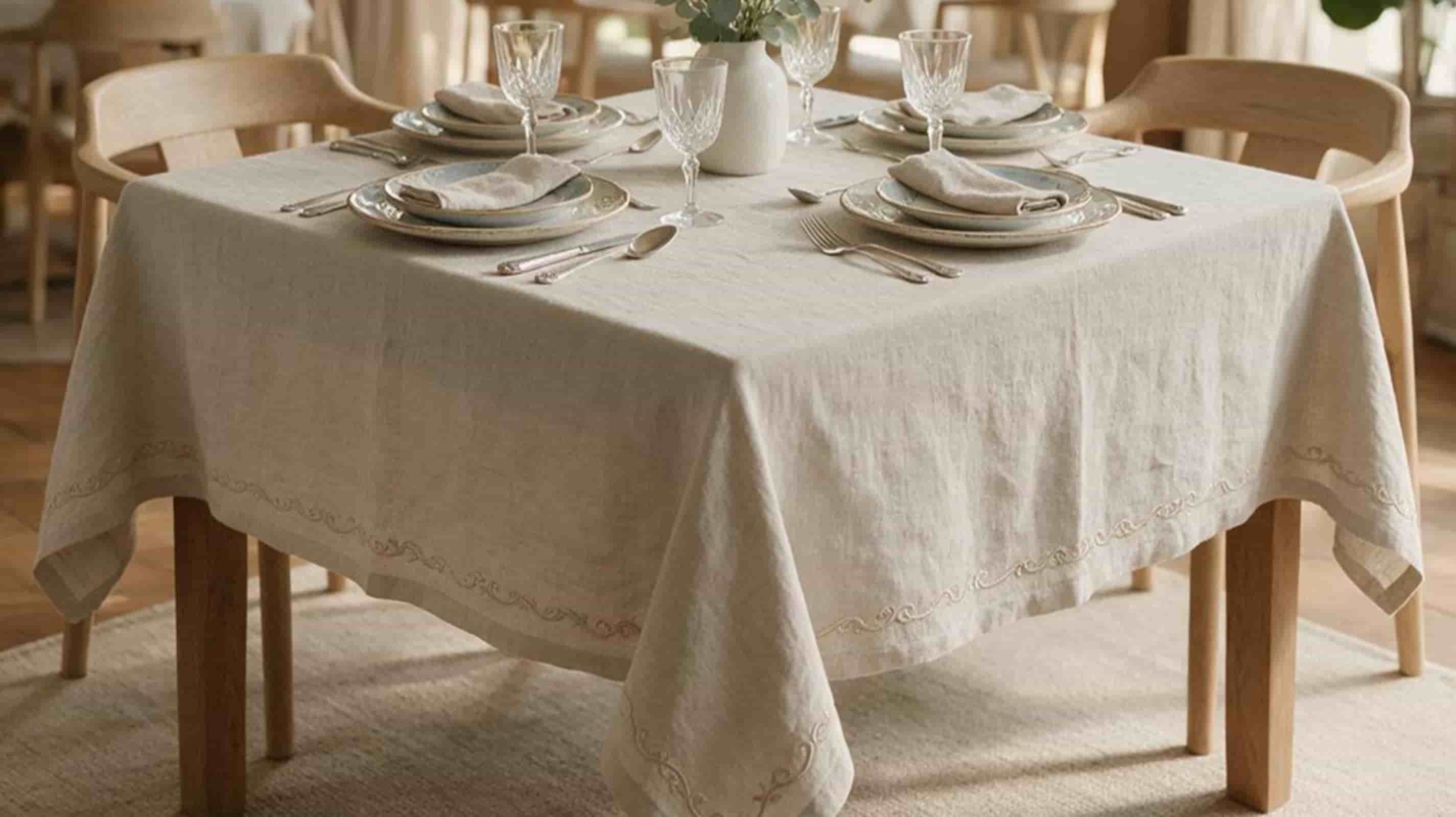 White European linen tablecloth styled with matching linen napkins, placemats and elegant dinnerware for a premium dining table.