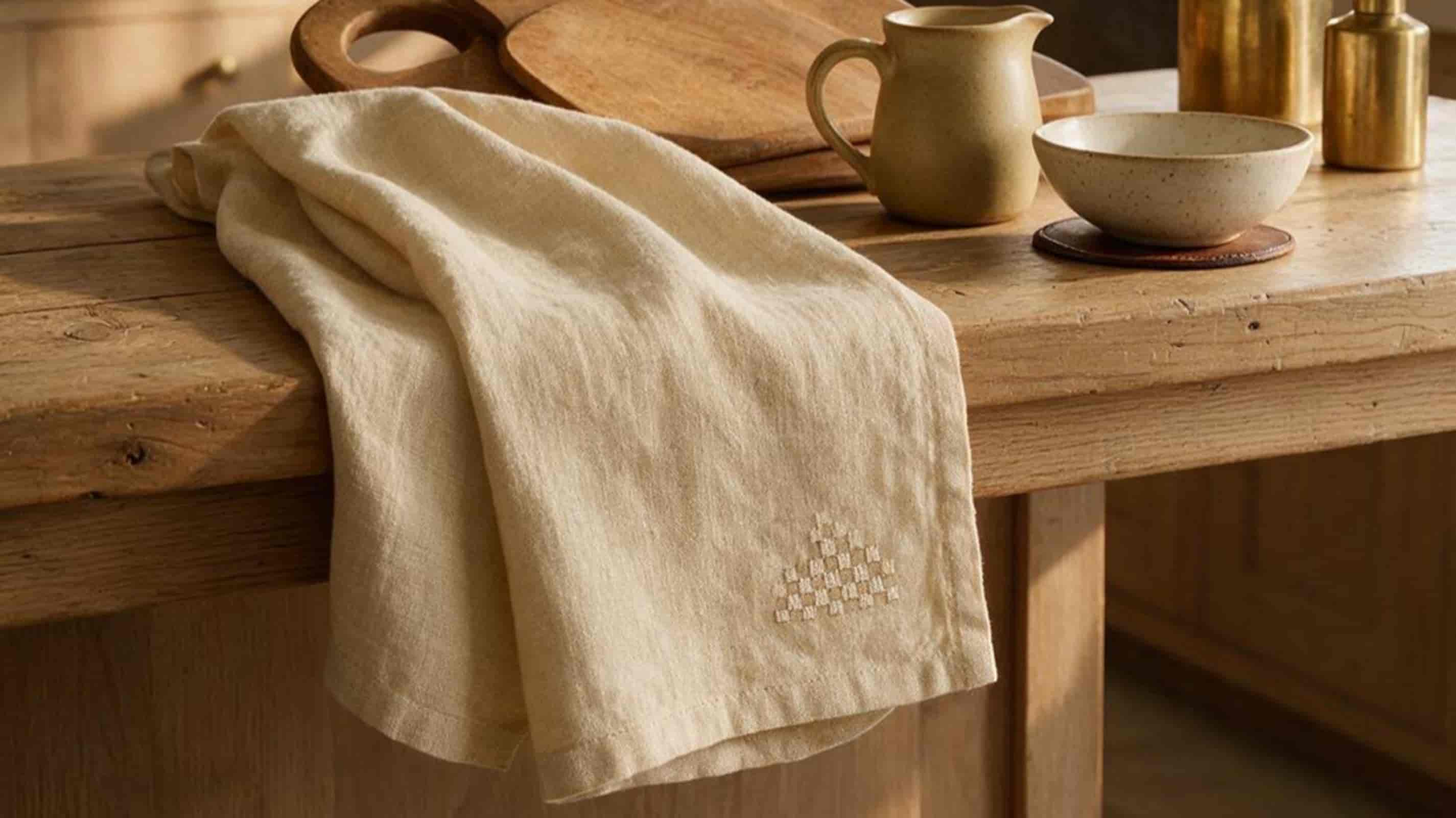 White European linen tea towels styled with ceramic kitchenware and natural materials in a premium kitchen setting.
