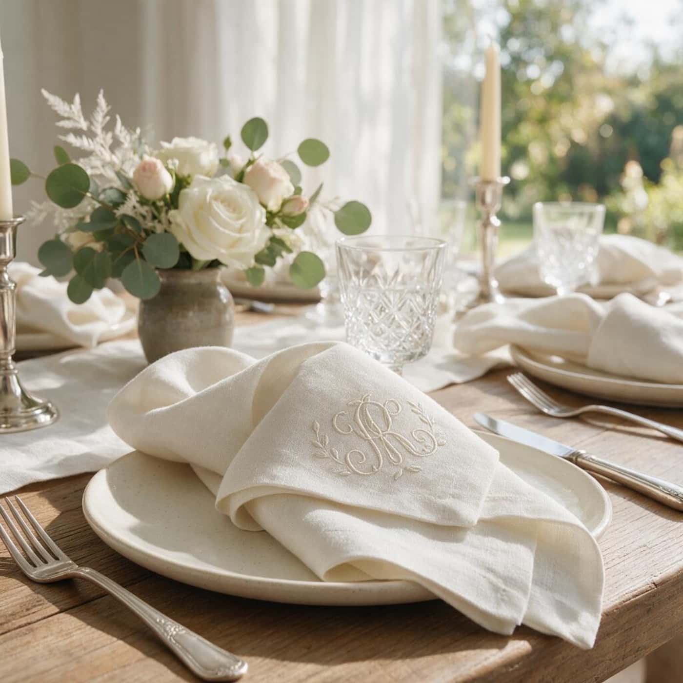 Custom monogram linen napkins designed for weddings, hotels and premium events