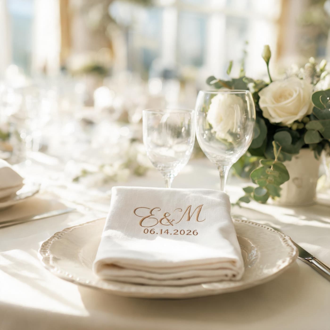 Personalized embroidered linen wedding napkins