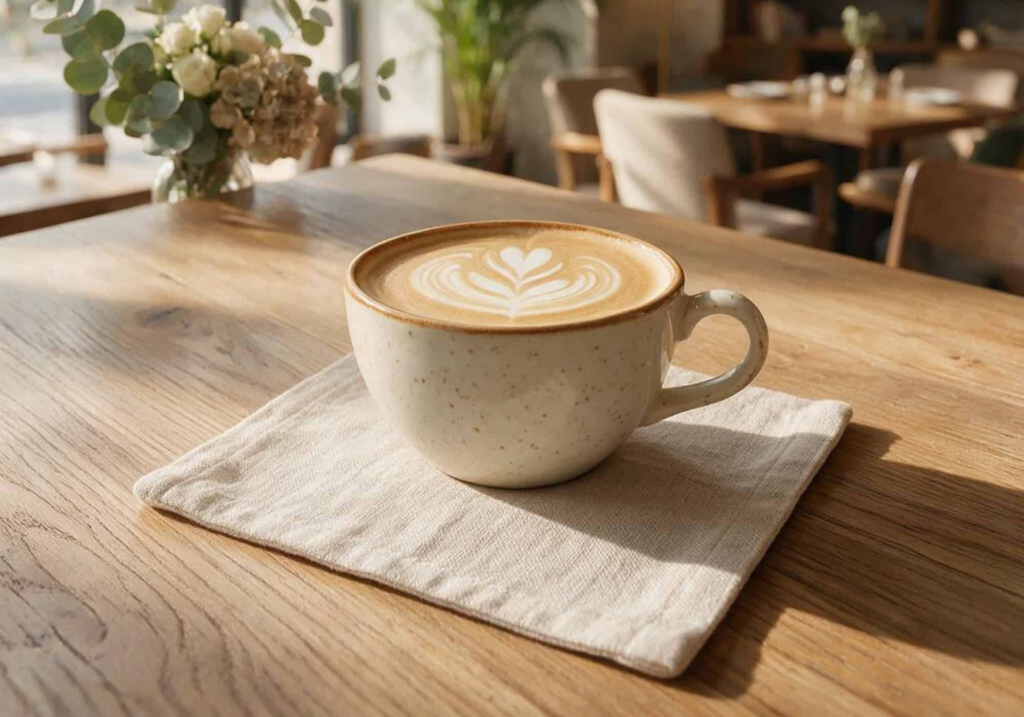 Premium European linen coaster beneath a ceramic coffee cup in a boutique café