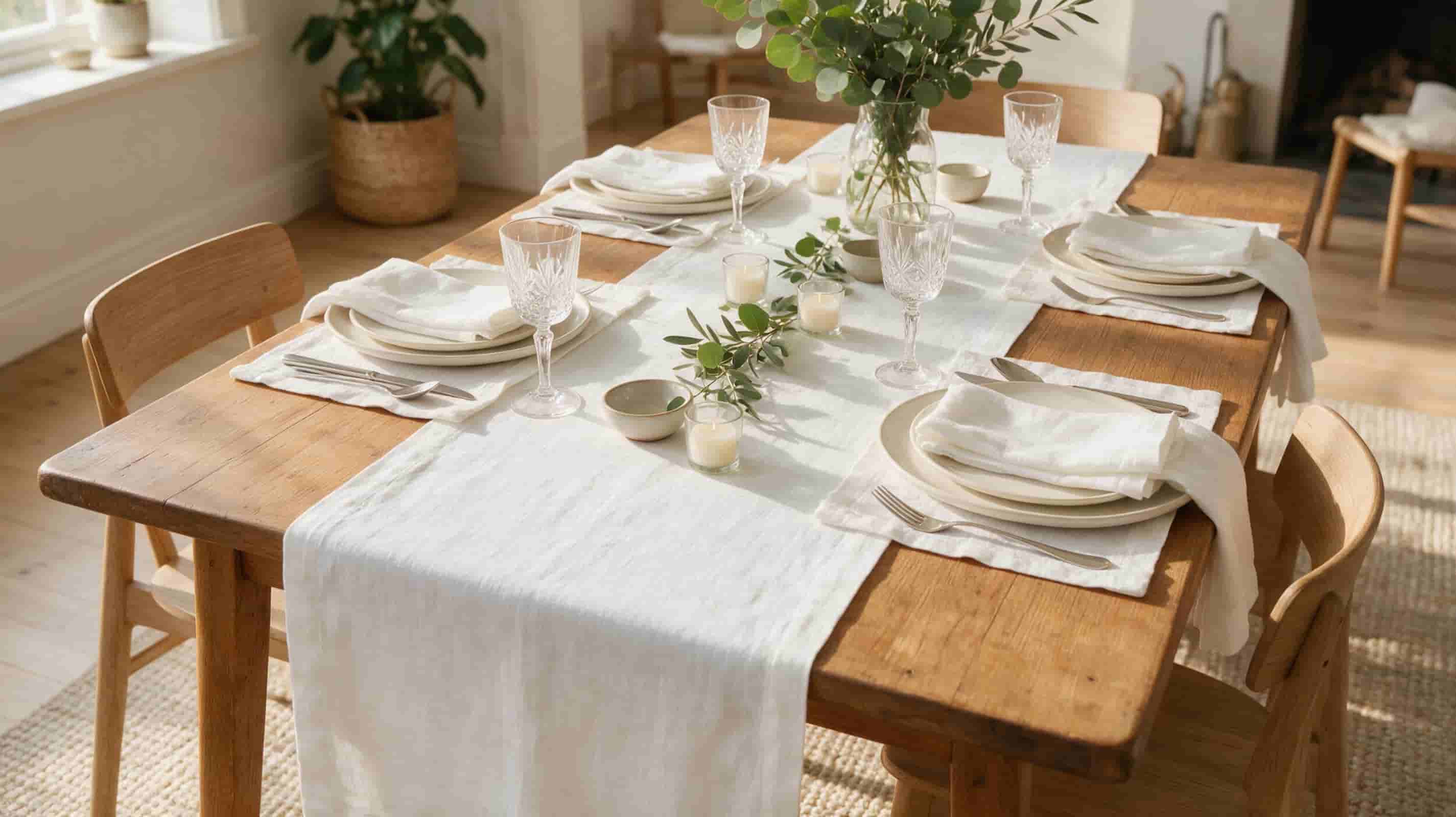 White European linen table runners used for elegant wedding, event and hospitality table settings.