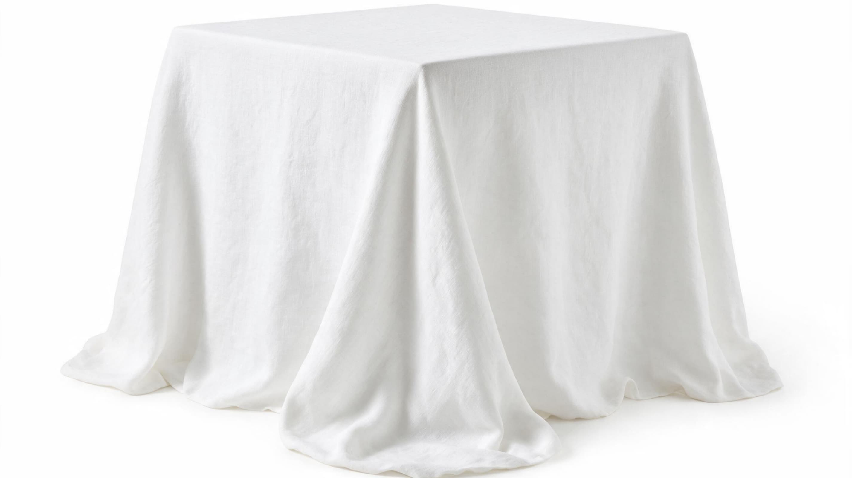 Premium white European linen tablecloth elegantly draped on a concealed display table with authentic woven linen texture.