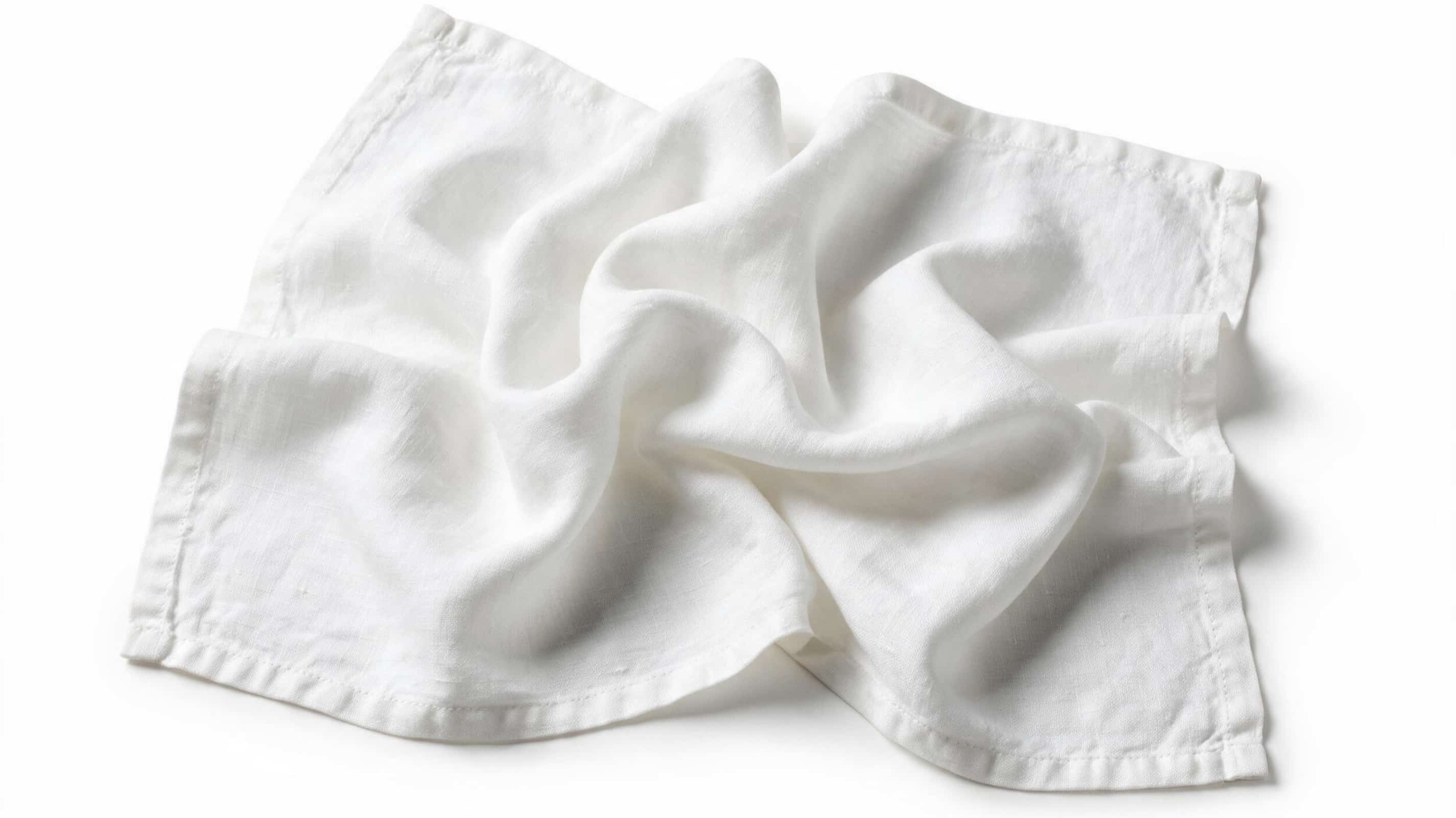Premium white European linen tea towel folded on a pure white background with authentic woven linen texture.