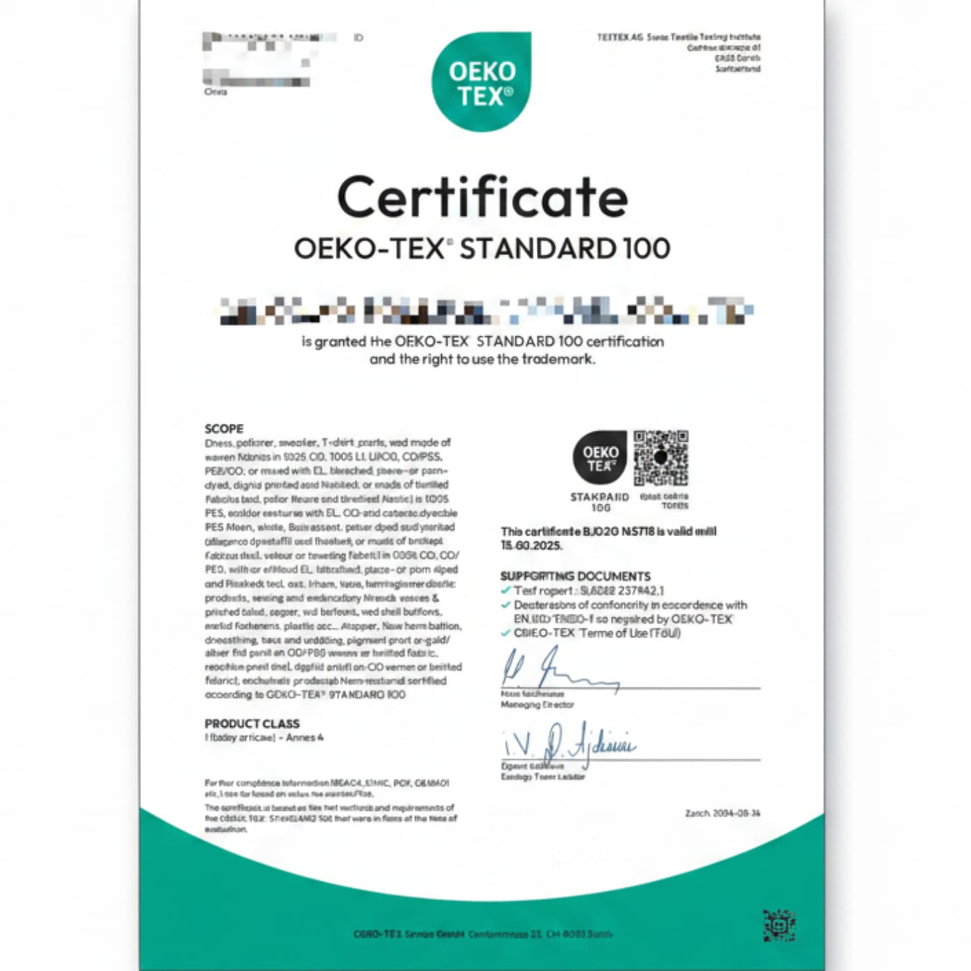 OEKO-TEX Standard 100 certificate for linen textiles