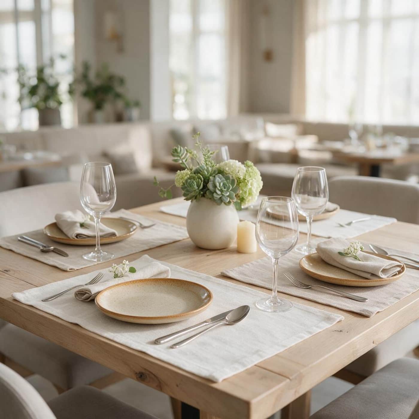 Rectangle European linen placemats arranged on a refined restaurant dining table