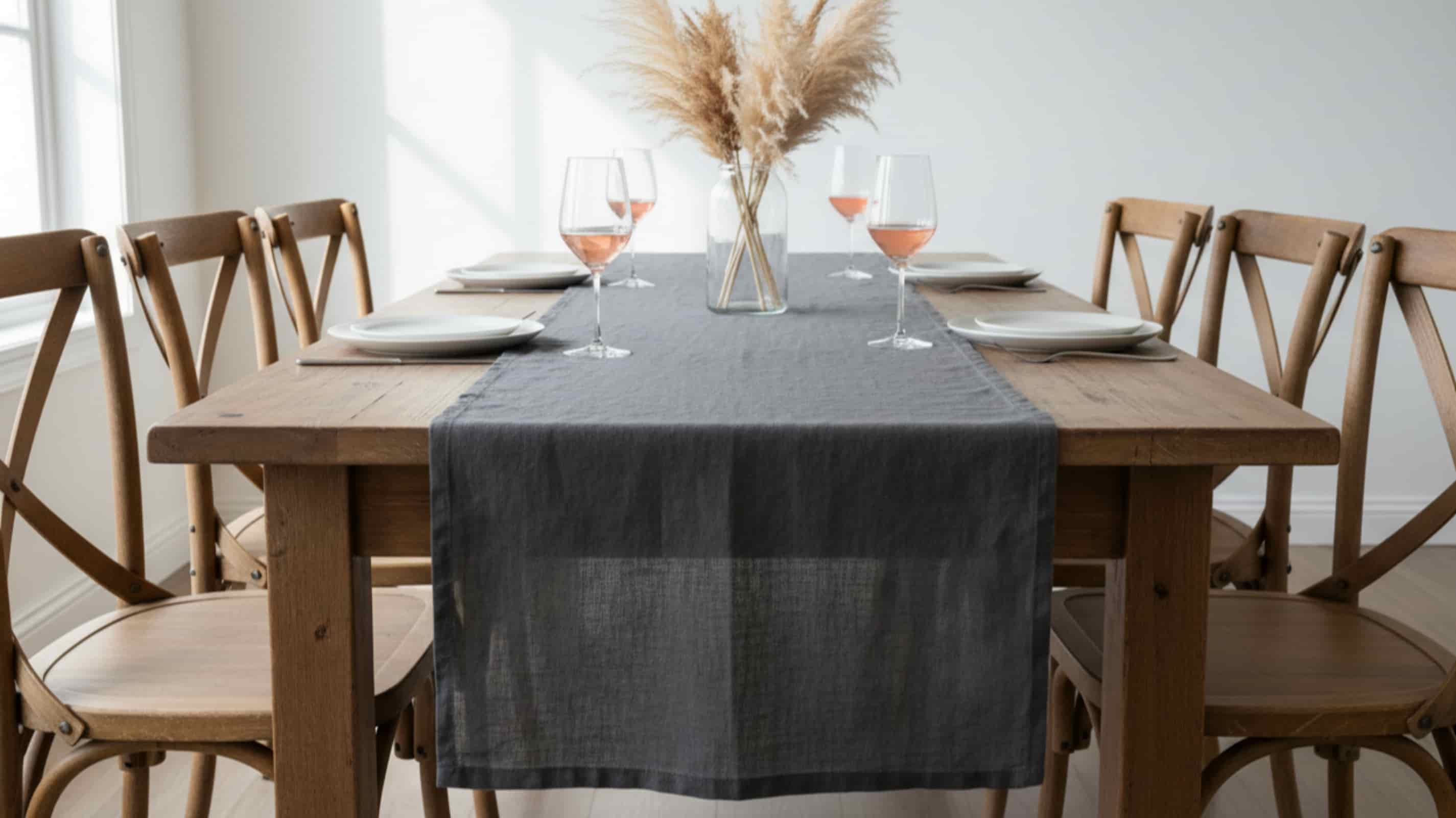 Dark grey linen table runner on wood table with rose wine and pampas