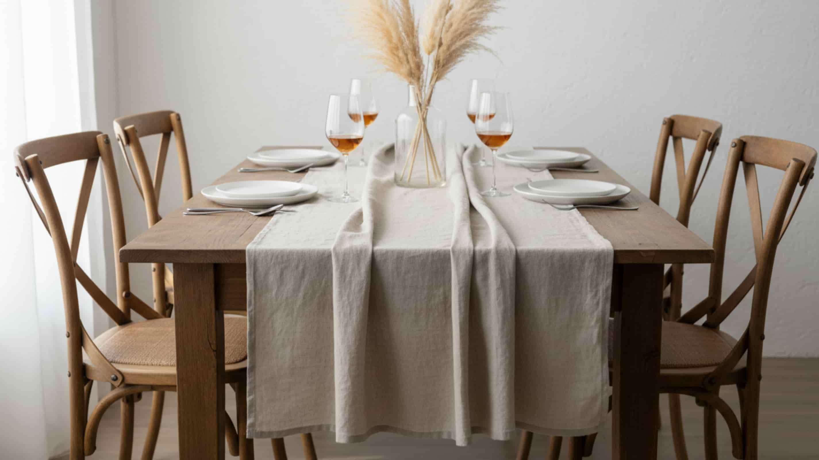 Natural linen table runner on wood dining table with white plates, rose wine glasses and pampas grass centerpiece, Scandinavian style