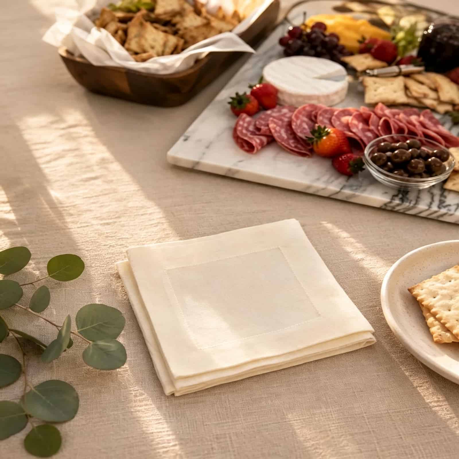 A curated stack of solid color cocktail napkins in dyed earth tones for seasonal hospitality collections and signature brand styling.