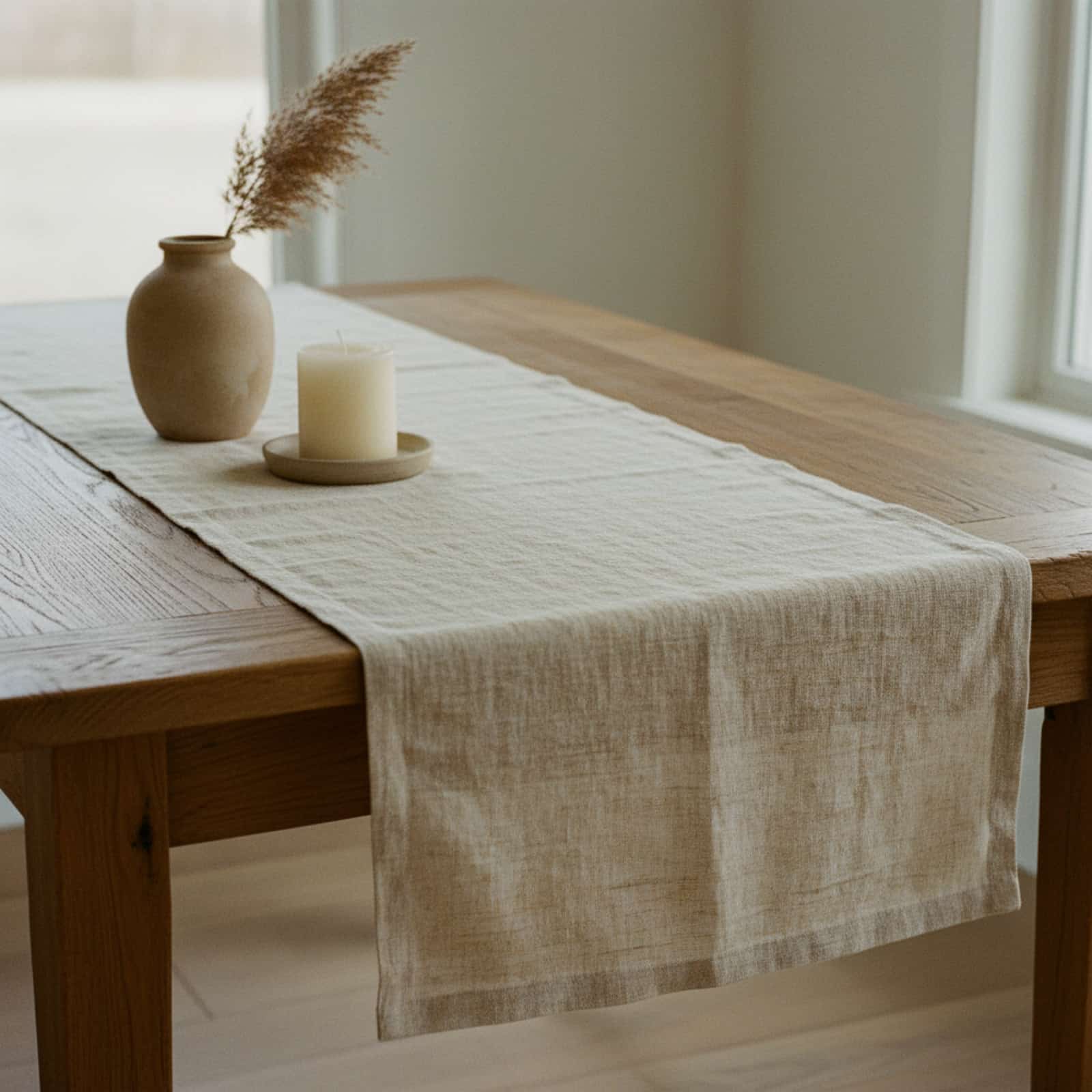 Natural linen table runner on rustic wood dining table with pillar candle and dried pampas grass vase, Nordic style