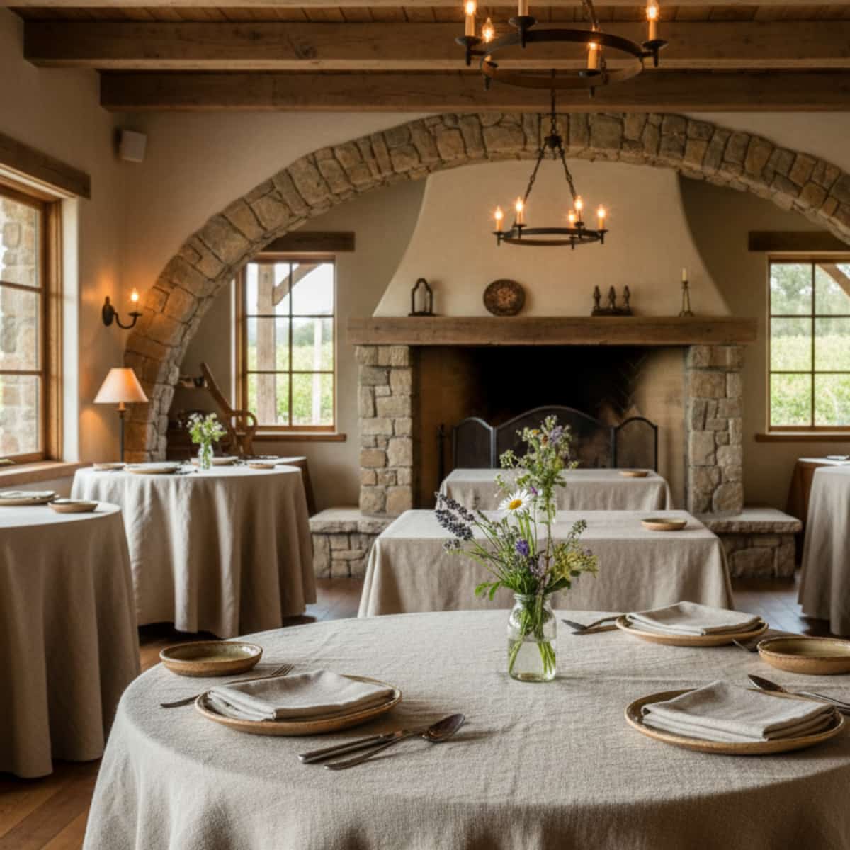 Natural washed linen tablecloth on round dining tables in rustic stone restaurant with fireplace and chandelier