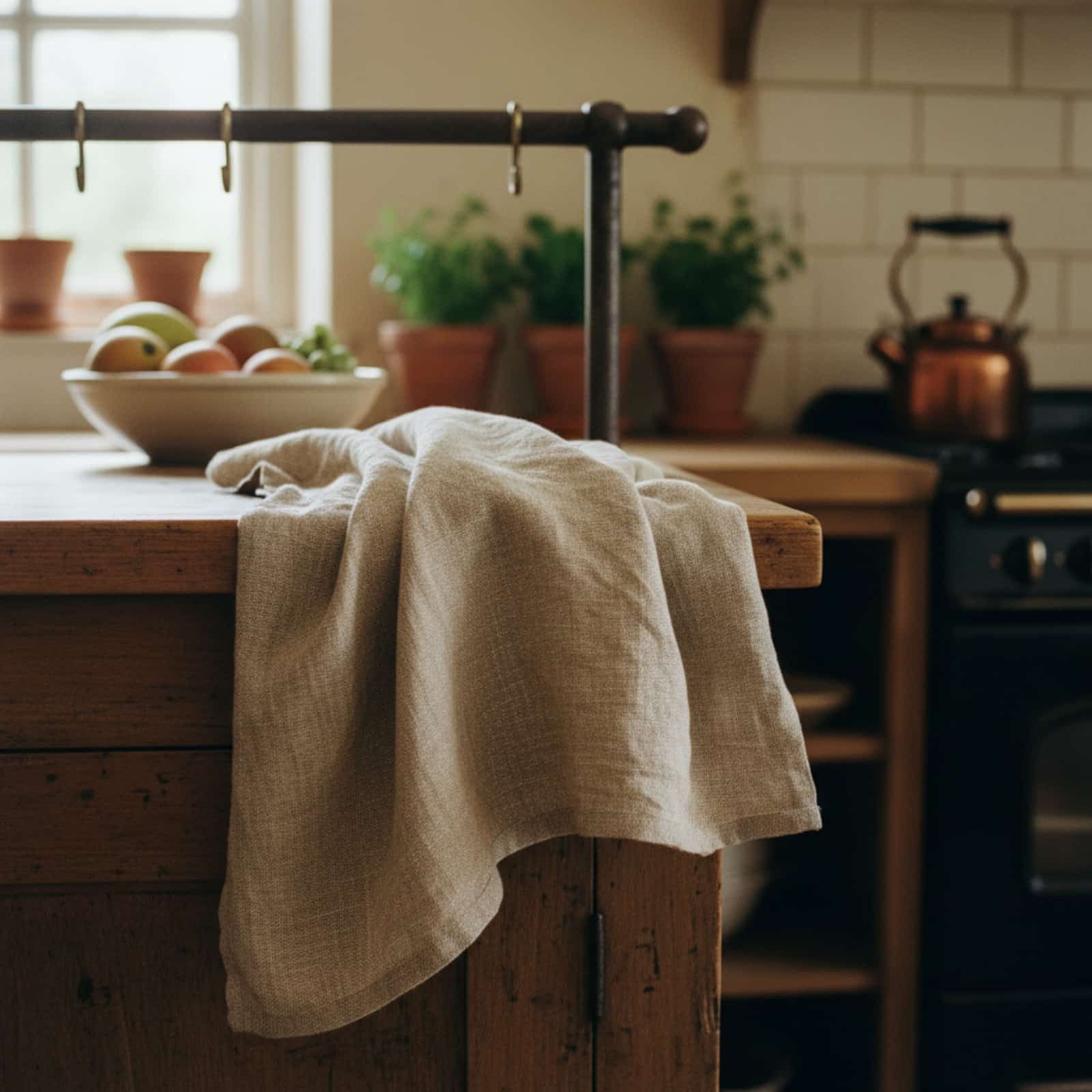 Washed linen tea towel draped on kitchen island in rustic farmhouse setting with warm natural light