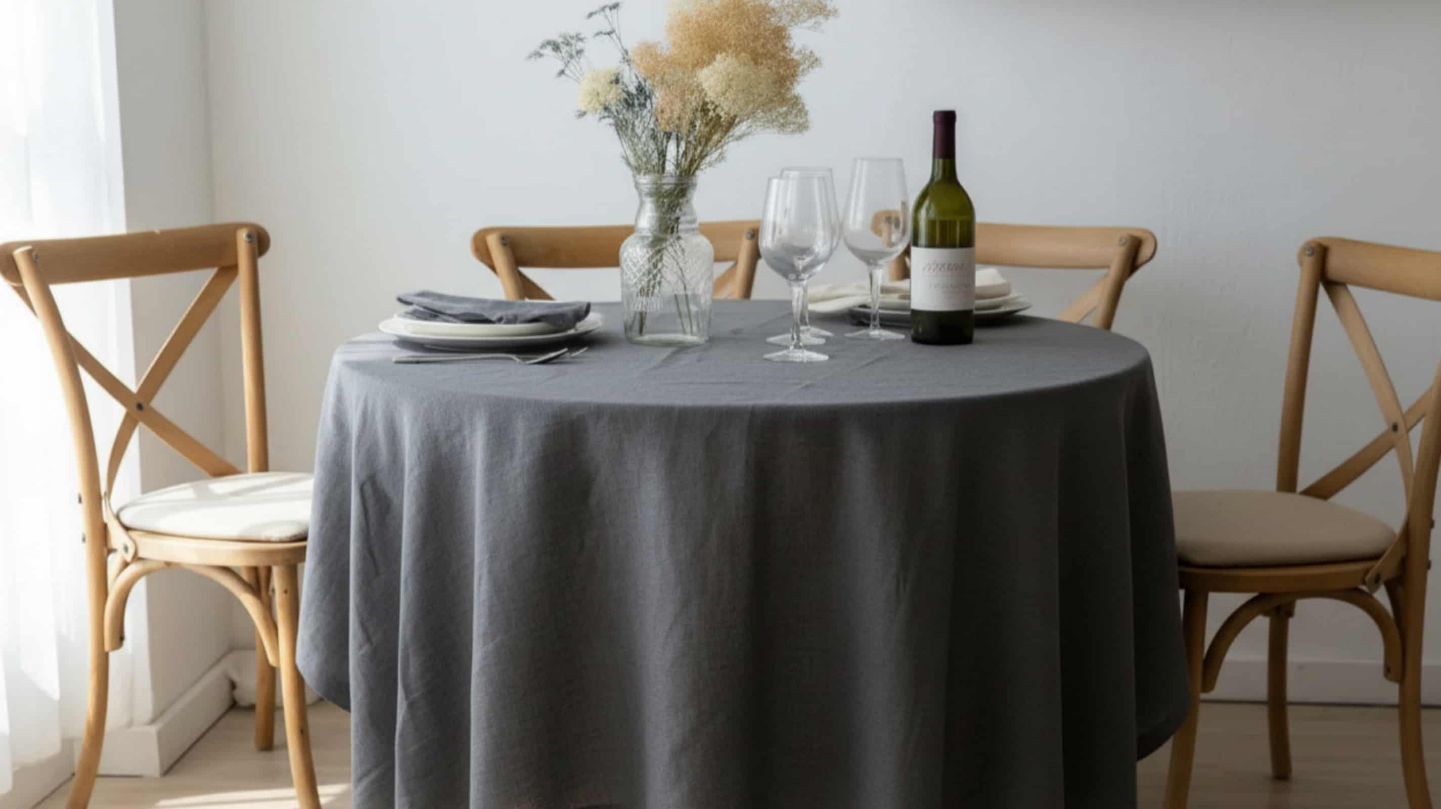 Dark grey linen tablecloth on round table in wine restaurant