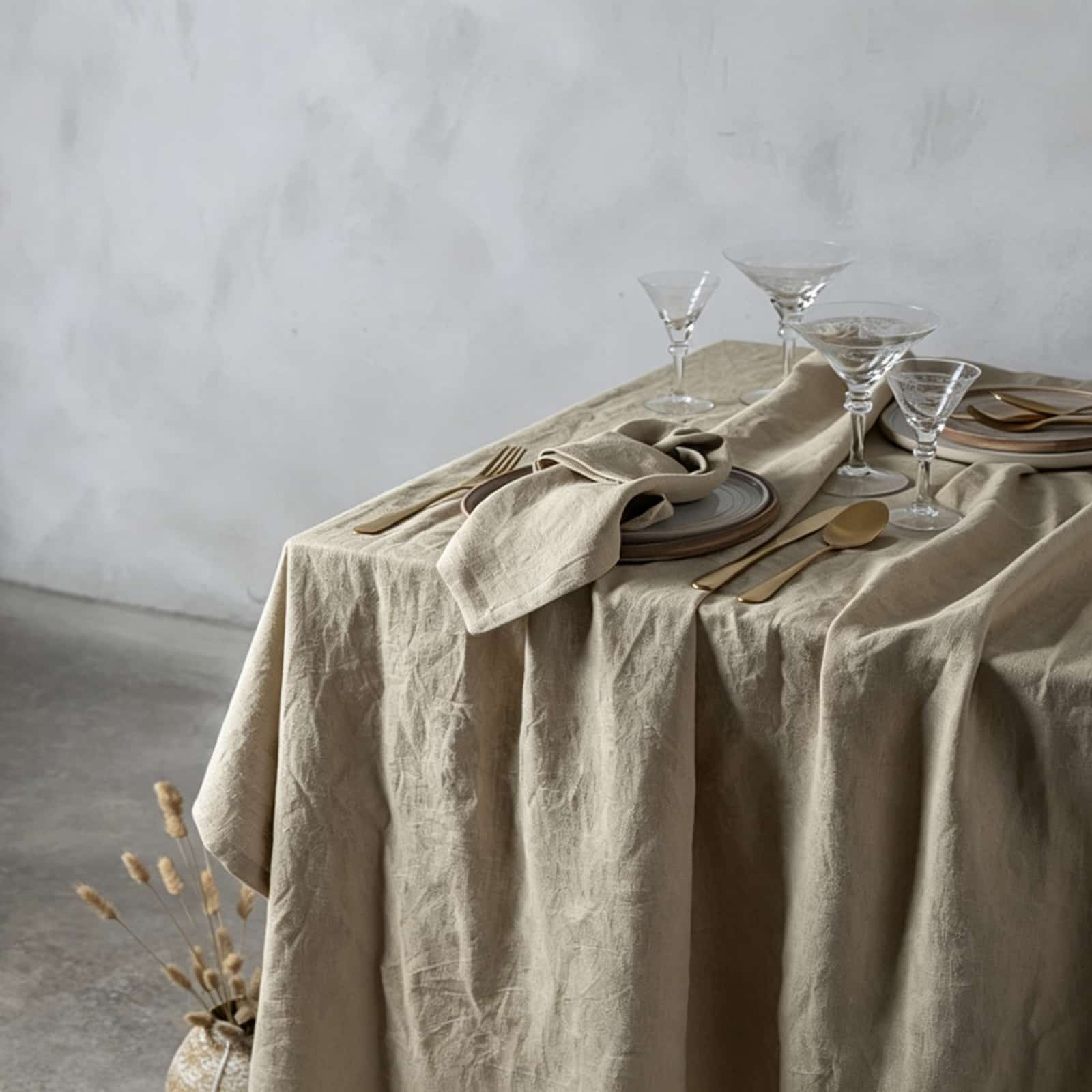 Natural beige linen tablecloth indoors with gold cutlery drape