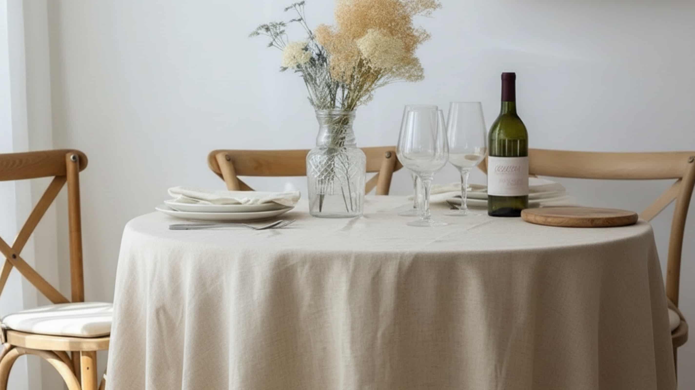 Natural linen tablecloth on round table in wine restaurant