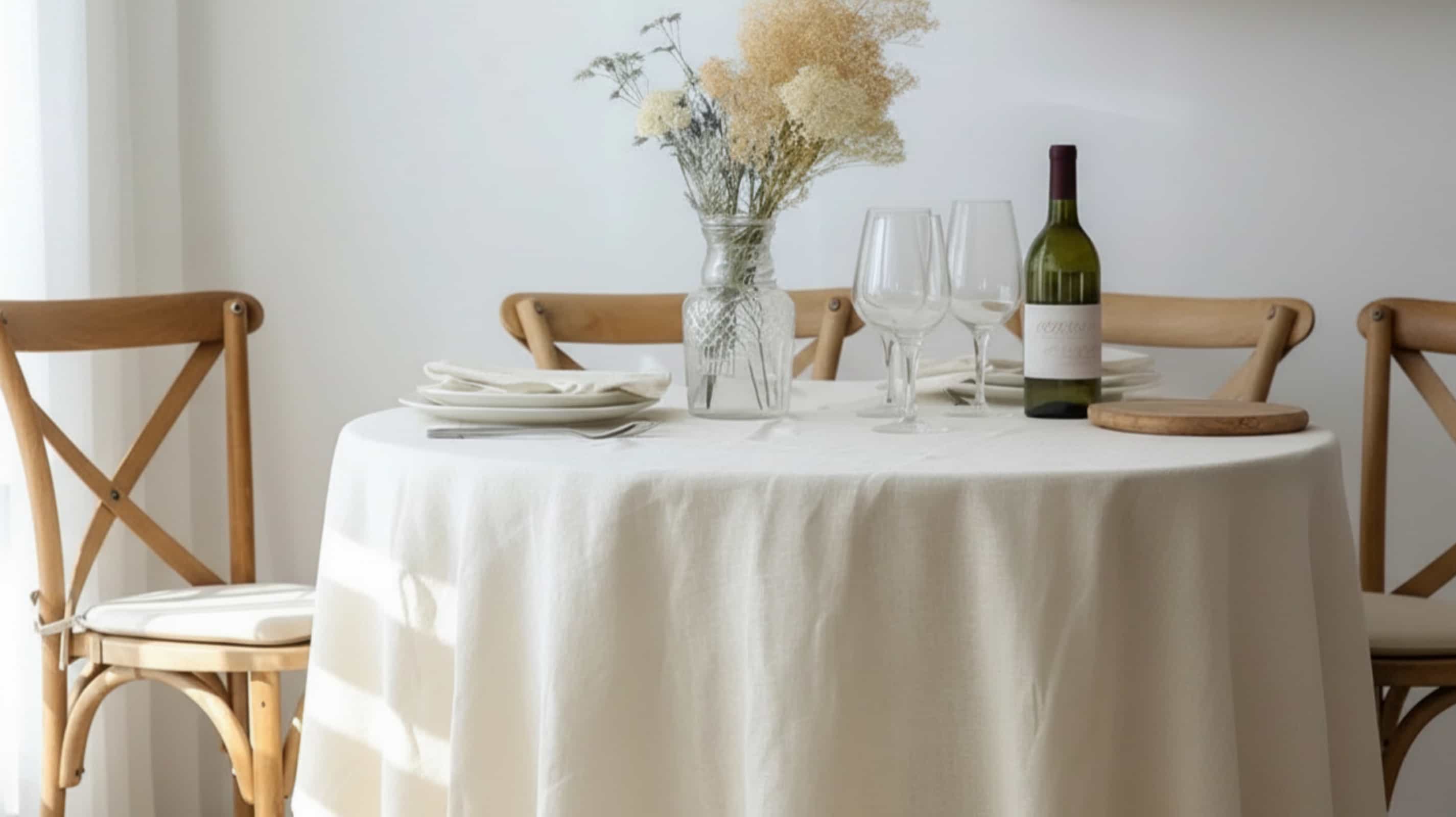 White wholesale linen tablecloth on round table in wine restaurant