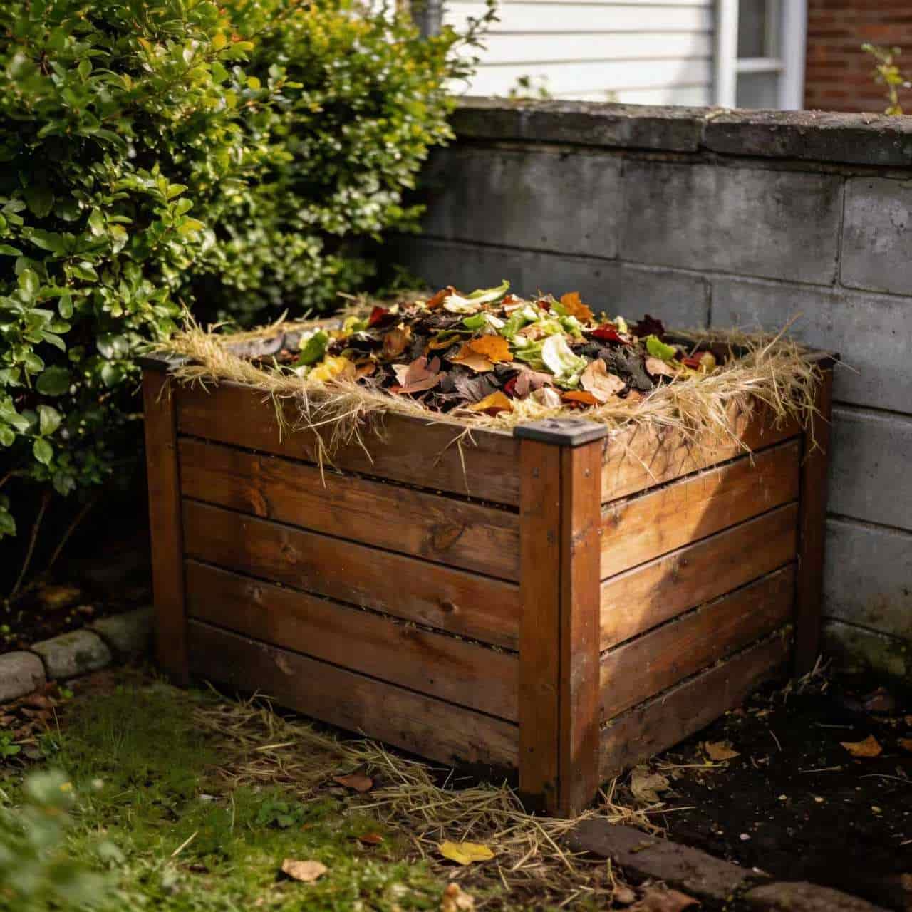 Traditional outdoor compost bin in a backyard, reflecting common home composting practices for eco-conscious households