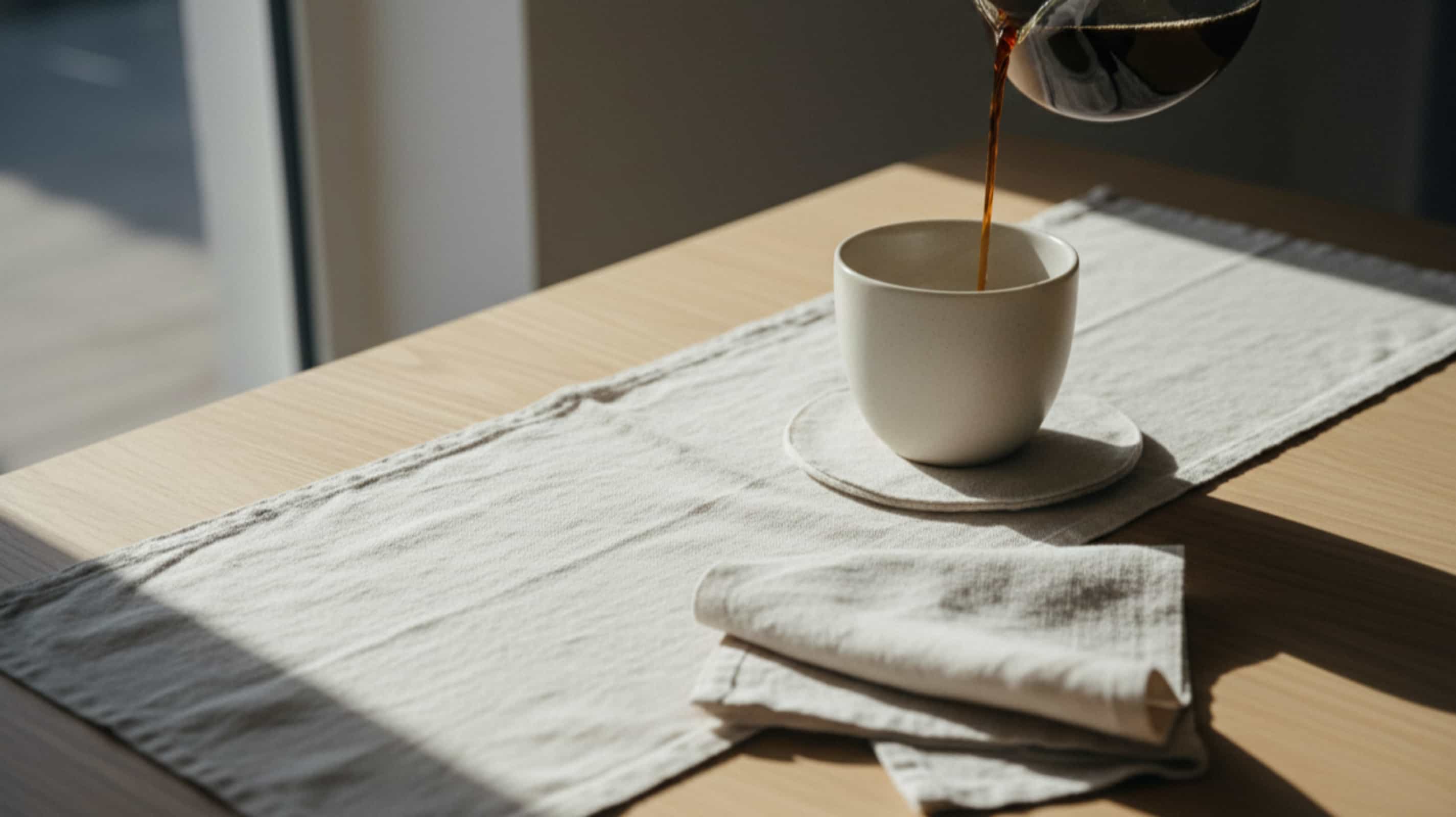 White washed linen table runner and folded linen napkin on a light oak table with coffee being poured into a matte ceramic cup in morning sunlight