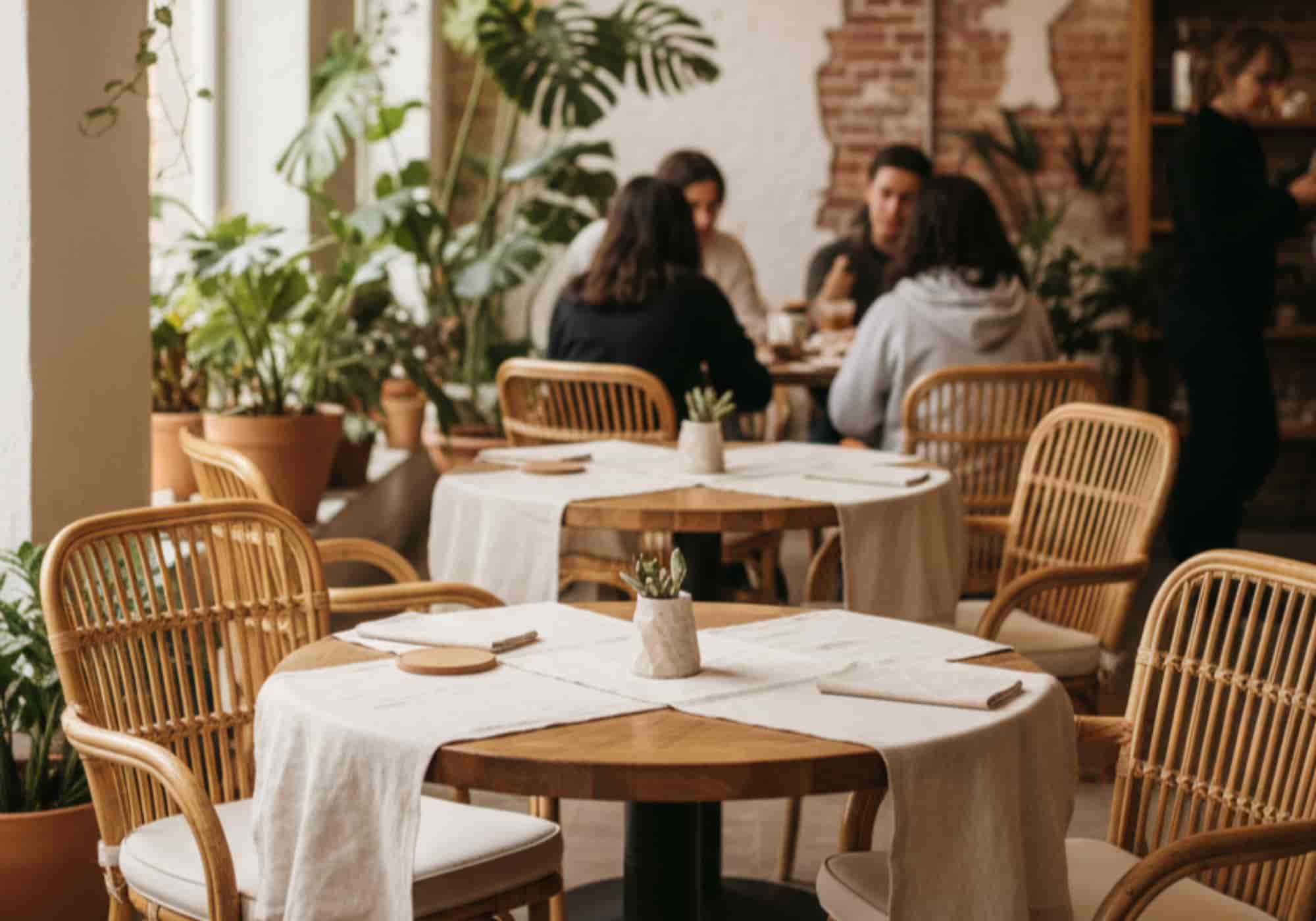 White linen tablecloths on round wooden tables with rattan armchairs in a bright plant-filled café with exposed brick walls and monstera leaves